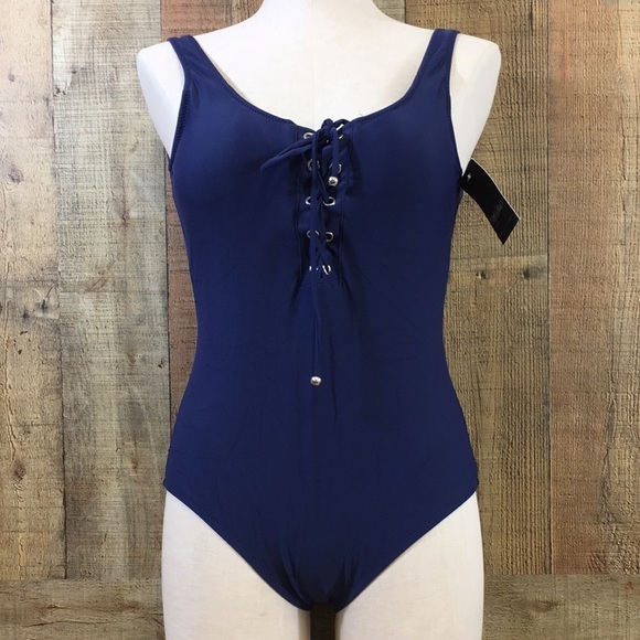 Mossimo Swimsuit Womens‎ Small Dark Night Blue Lace Up One Piece Swimwear - Picture 1 of 14